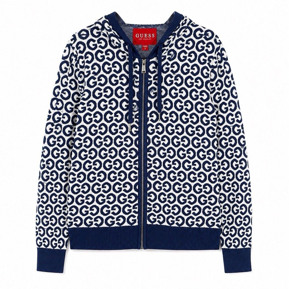 Guess Logo Print Zip Hoodie Sweater Women Large Blue White Full Zip Monogram Y2K
